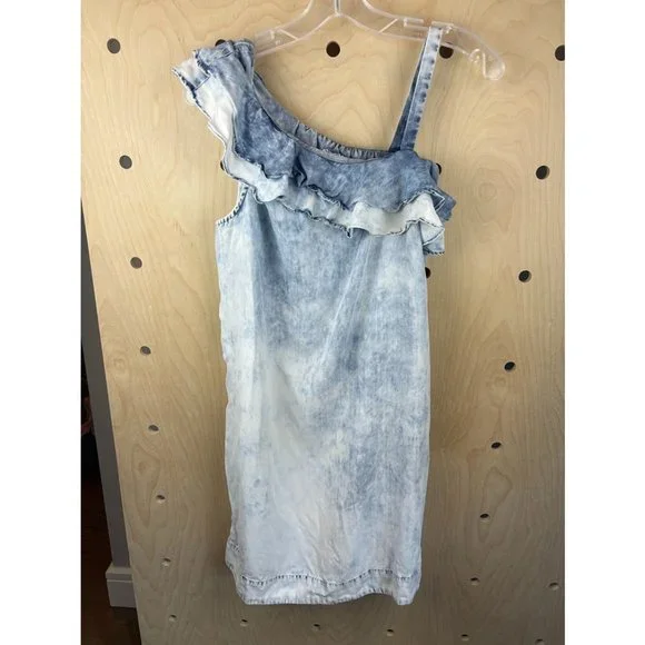 one shoulder chambray dress Cute Chambray Dress - Ruffled Mini Dress - One-Shoulder Dress